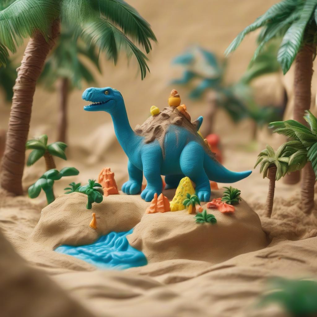  play doh style cover of a game about dinosaurs, courier with bag, on an island with palm trees and sand . sculpture, clay art, centered composition, claymation, hkmagic