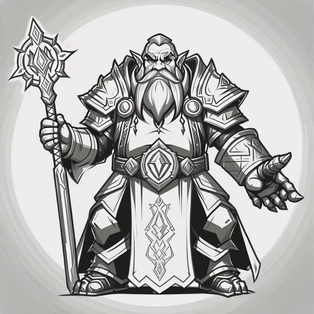  line art drawing dwarf priest world of warcraft, battle stance, same nightmare. anime style . professional, sleek, modern, minimalist, graphic, line art, vector graphics