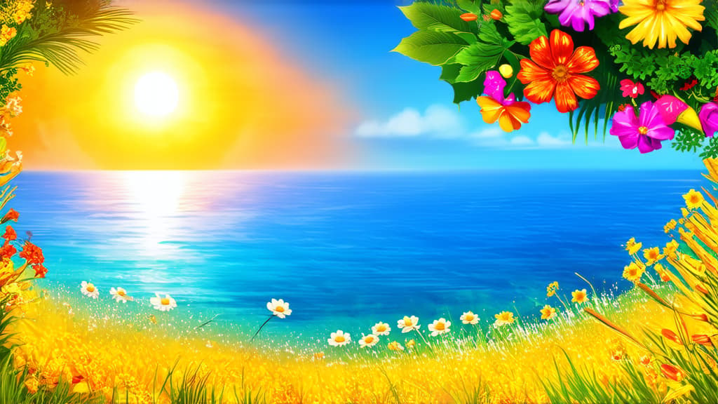  very beautiful postcard with summer flowers on the sunset with ocean on the background ar 16:9 {prompt}, maximum details