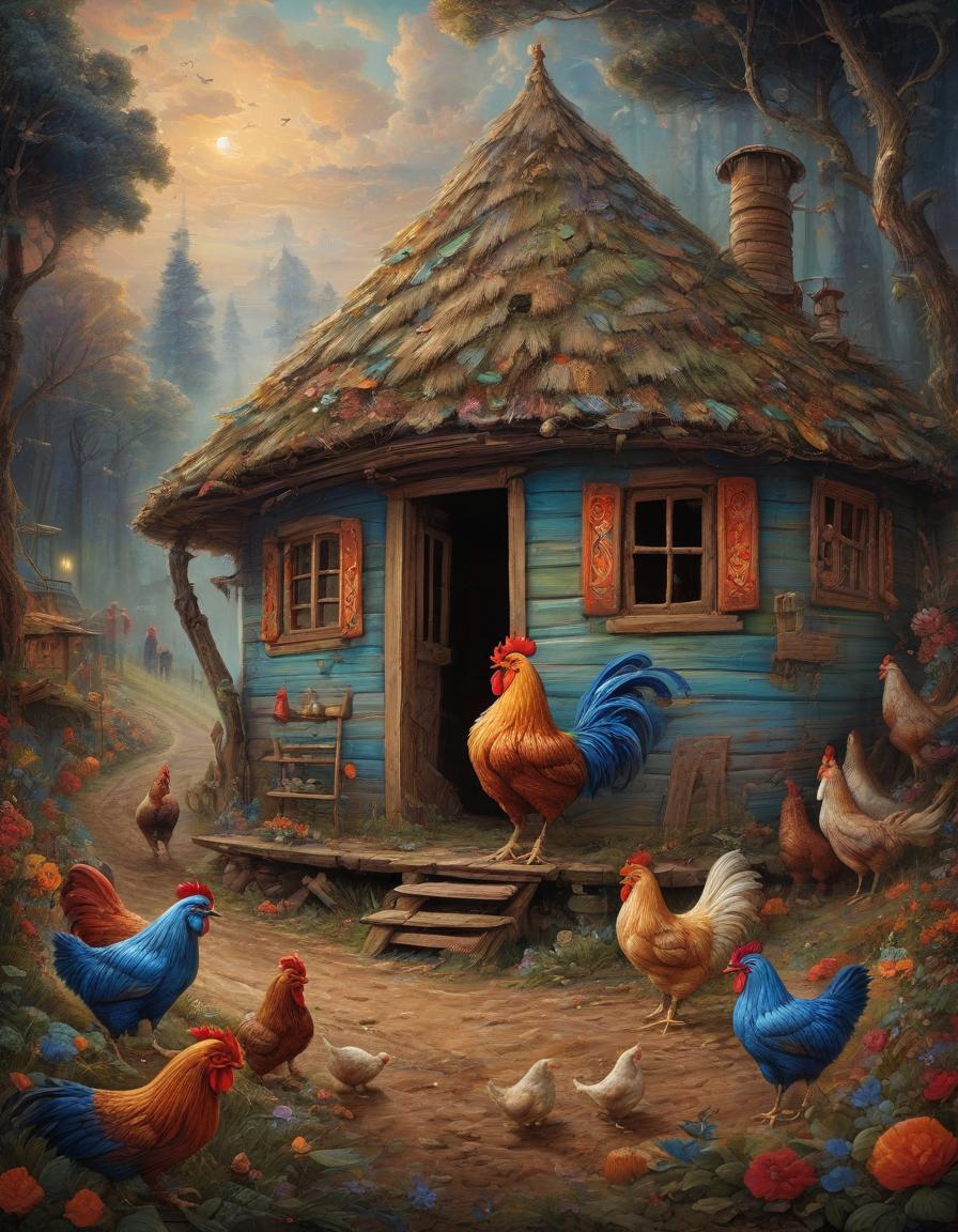  in the unknown paths, there are traces of broken zhiguli cars, a small hut stands on chicken legs under the letters m and Ж. the primary subject of this scene is a whimsical and surreal depiction of a traditional russian folk tale. the enchanting image is like a painting come to life, filled with vibrant colors and intricate details. the scene is captivating, with every element meticulously crafted to evoke a sense of wonder and magic. from the delicate patterns on the hut to the vivid traces of the car tracks, every aspect of the image is beautifully rendered. the viewer is drawn into a mystical world where folklore and reality intertwine, creating a rich tapestry of storytelling and imagination.