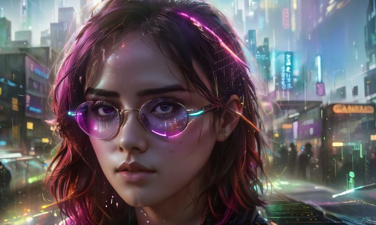  ((masterpiece, digital art: 1.3), very complex double exposure drawing inspired by yuumei,girl, glasses superimposed on a busy city street, cyberpunk aesthetics, cgsociety trend, multiple exposure technique, texture overlay with luminous holographic elements, technicolor color palette, bright city lights illuminating the scene, reminiscent of color the gamut of the matrix movie on pinterest, high definition images, colorful fairy tale atmosphere, carefully crafted details i, civitai, glowneon