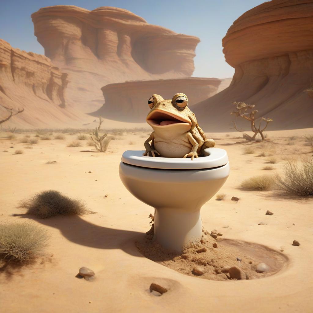  a toilet bowl on toad's feet running through the desert.