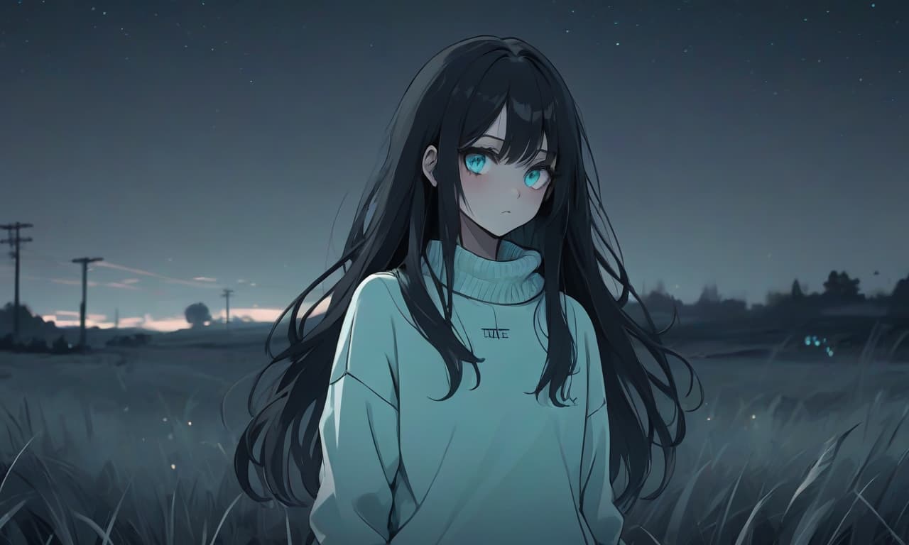  monochrome image for music in the genre of breakcore in gloomy style. a girl in the anime style with long black hair stands in an empty and night field dressed in a sweater of warm and pastel color and pants. the girl looks into the darkness with black lower eyelids under the eyes full of fear of the unknown and curiosity, and the bright turquoise eyes themselves stand out against the background of everything. the image uses warm and bed tones . black and white, contrast, tone, texture, detailed