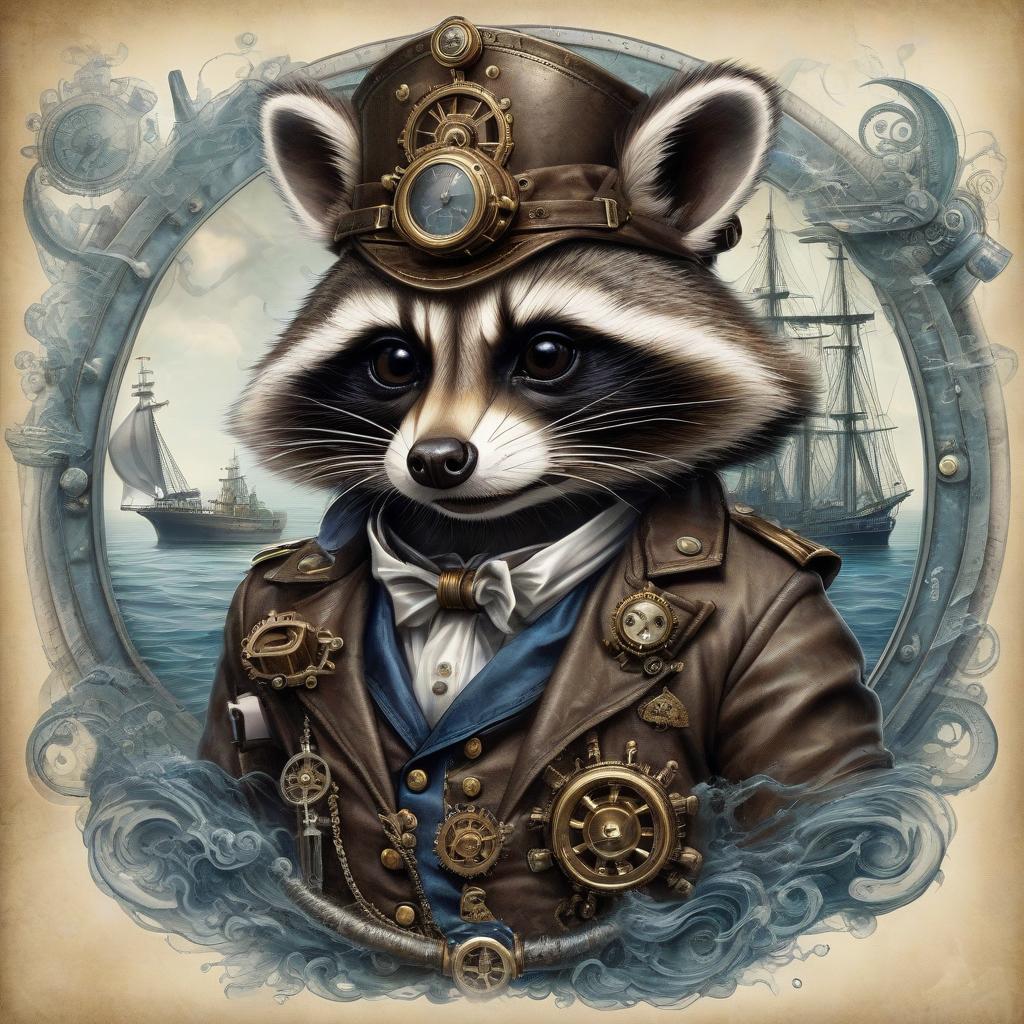  nautical themed steam punk, ghost raccoon. . sea, ocean, ships, maritime, beach, marine life, highly detailed