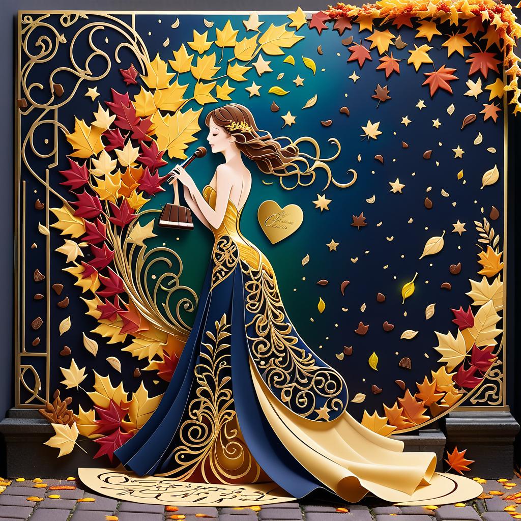  luxury product style on a carpet of yellow leaves in a simple dress of wind given crepe autumn danced a waltz boston in an alleyway. the warm day flew away and the saxophone sang hoarsely. (background of the card): falling autumn leaves, a whirlwind of autumn leaves, wind saxophone, ((a box of chocolates, the inscription "autumn waltz")) , a greeting card. (heart), a beautiful figure made of contours in the shape of a heart. (heart colour): night sky background, stars, gold pattern. (style):fantasy, autumn art, autumn romance. (colours):gold, green gold, navy blue, red, red gold, brown gold, silver, golden blue, bluish blue, dark blue on gold . elegant, sophisticated, high end, luxurious, professional, highly detailed