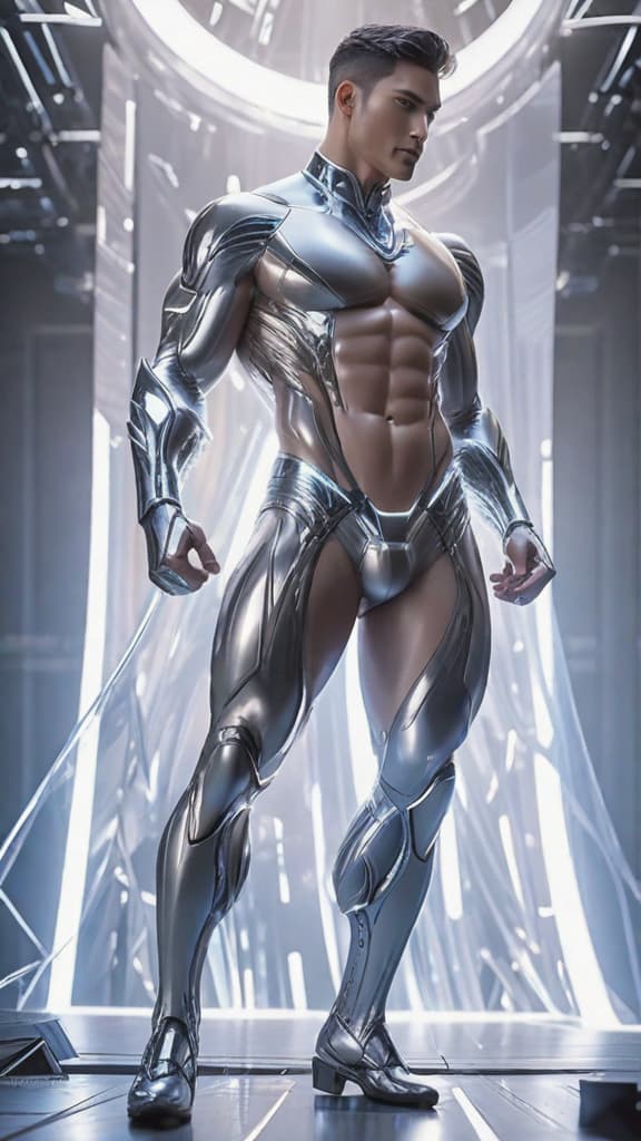  an ethereal celestial silver liquid handsome hunky man with a transparent silver body showcasing unique fractures, hollow body, splash art, internal glowing nerve, fullbody, dynamic action pose, sharpen image details, reminiscent of the futuristic styles, holographic effects, macro photographic, tractography technique, shimmer halo, cinematic lighting, perfect composition, abstraction art octane rendering, natural lighting, masterpiece artwork, concept art, soft natural cinematic perfect light, hyperrealistic, full body, detailed clothing, highly detailed, cinematic lighting, stunningly beautiful, intricate, sharp focus, f/1. 8, 85mm, (centered image composition), (professionally color graded), ((bright soft diffused light)), volumetric fog, trending on instagram, trending on tumblr, HDR 4K, 8K