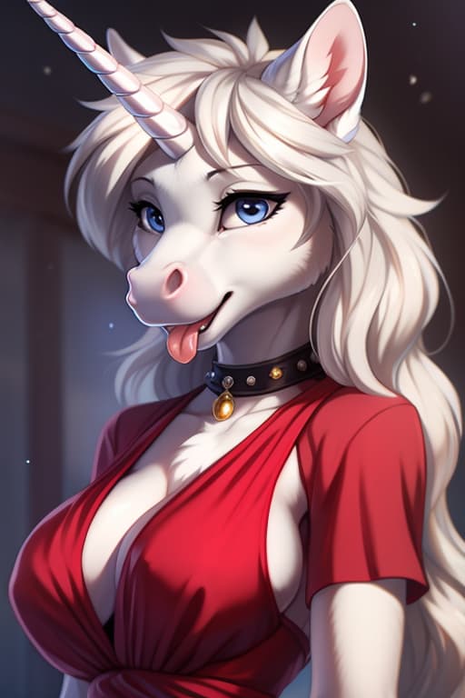  by hioshiru, by smileeeeee, A female unicorn, anthro, equine, horse, unicorn horn, open eyes, (blue eyes:0.6), grey eye, pink muzzle, white fur, white skin, mat style, beautiful expression face, red rob, clothed, clothing, (big breast), tongue out, closed mouth, :P, red dress, beautiful dress, jewels,, open eyes, masterpiece, 4k, fine details,