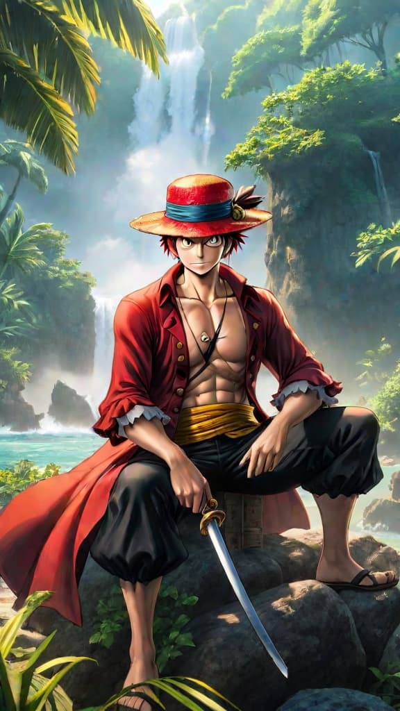  anime art: luffy's bond with red haired shanks, symbolized by the iconic straw hat, shapes his pirate journey. hyperrealistic, full body, detailed clothing, highly detailed, cinematic lighting, stunningly beautiful, intricate, sharp focus, f/1. 8, 85mm, (centered image composition), (professionally color graded), ((bright soft diffused light)), volumetric fog, trending on instagram, trending on tumblr, HDR 4K, 8K