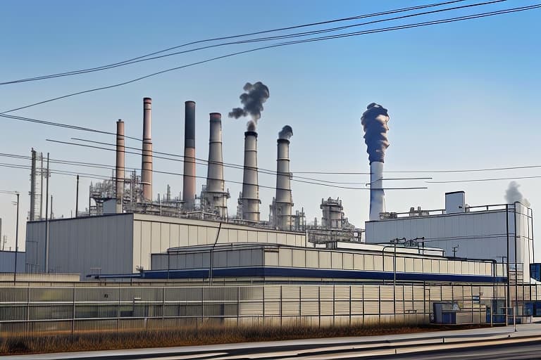  *8. Ace Chemicals Plant* Design a street view image of the Ace Chemicals Plant's exterior, highlighting its industrial structure, smokestacks, and hazardous surroundings.