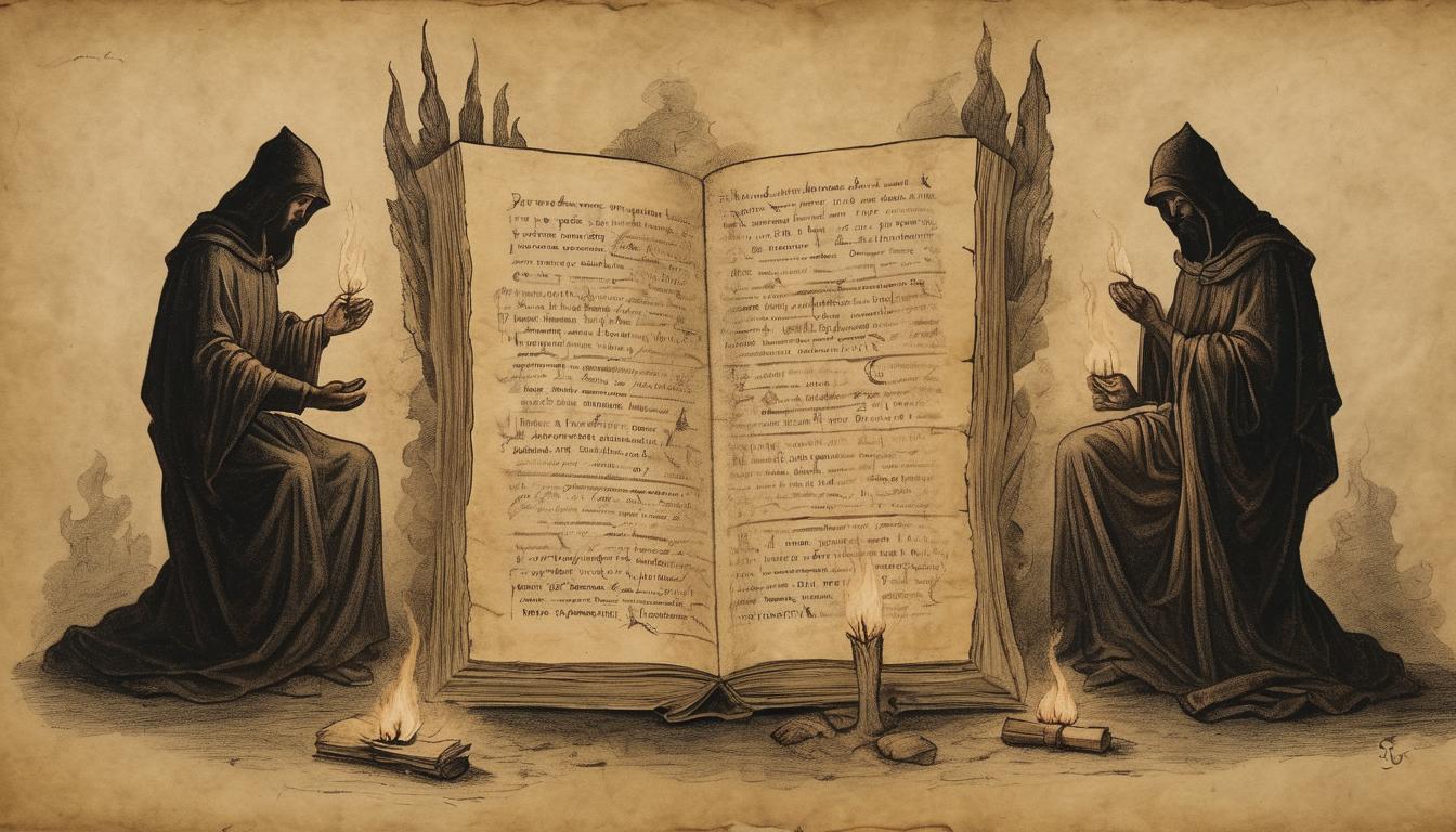  on parchment, surrealism++, ancient texts burning in a pyre, shadowy figures looking away, rejecting, heartbreaking(mysterious, provocative, symbolic)++