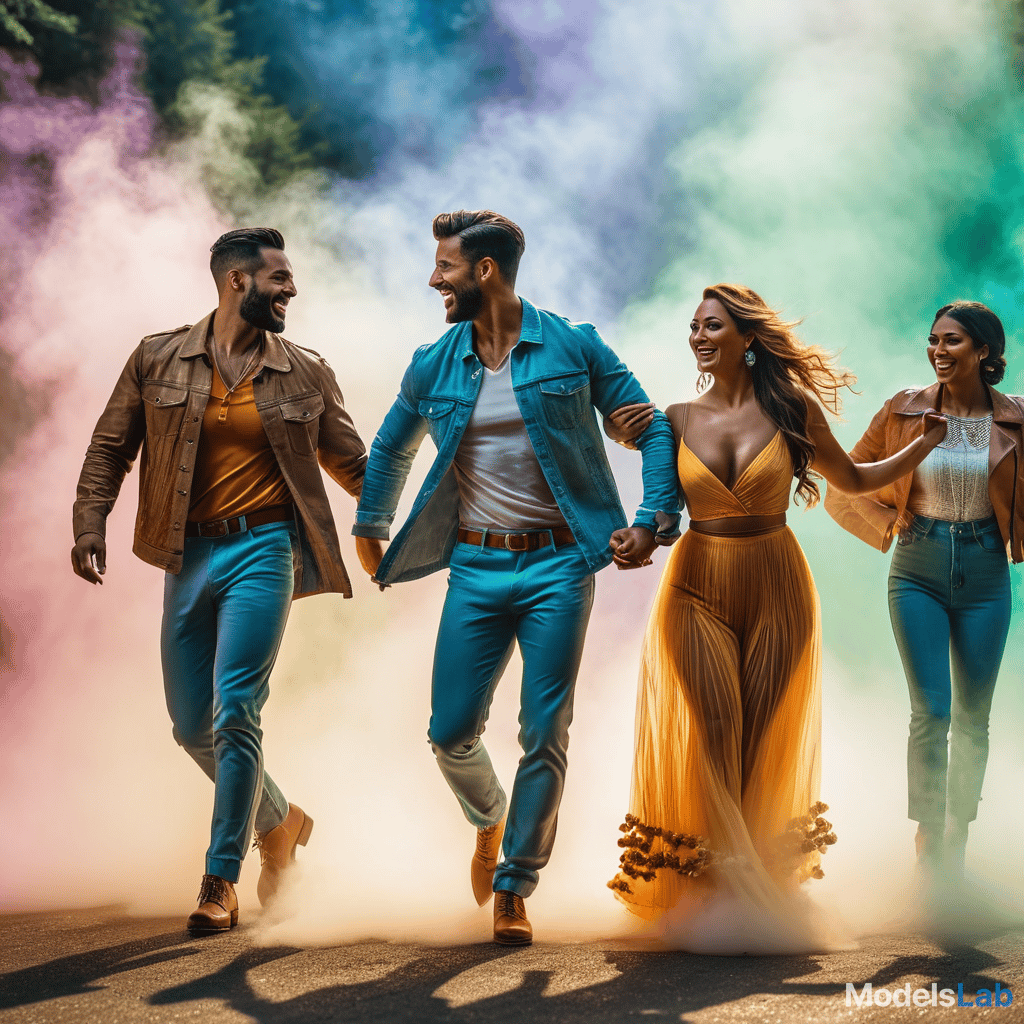  happy people dancing on a rainbow hyperrealistic, full body, detailed clothing, highly detailed, cinematic lighting, stunningly beautiful, intricate, sharp focus, f/1. 8, 85mm, (centered image composition), (professionally color graded), ((bright soft diffused light)), volumetric fog, trending on instagram, trending on tumblr, HDR 4K, 8K