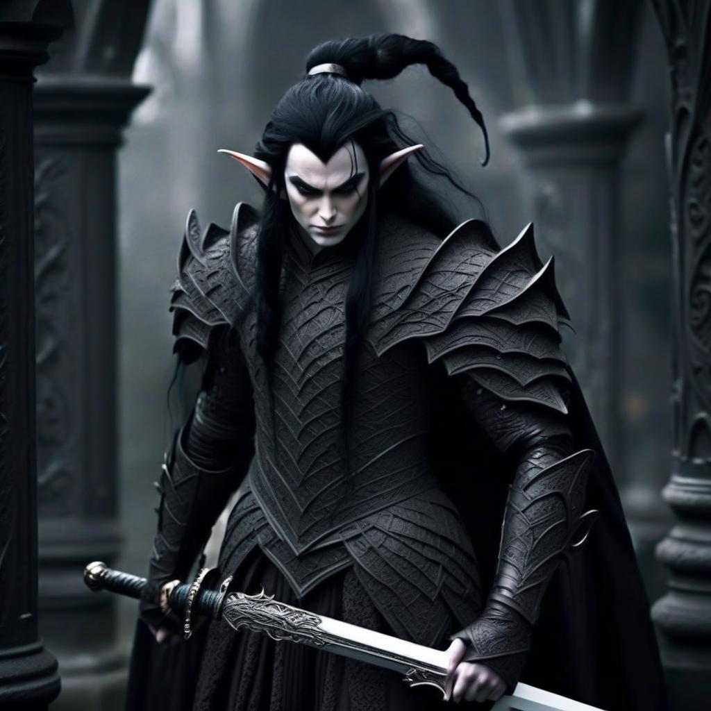  macabre style transform into a noble elf with black hair in white, snow white leather openwork armor, in white openwork shoulder pads and in white elbow pads, with a sword. leave the face, hair and sword as in the original image. . dark, gothic, grim, haunting, highly detailed, perfecteyes, perfect hands