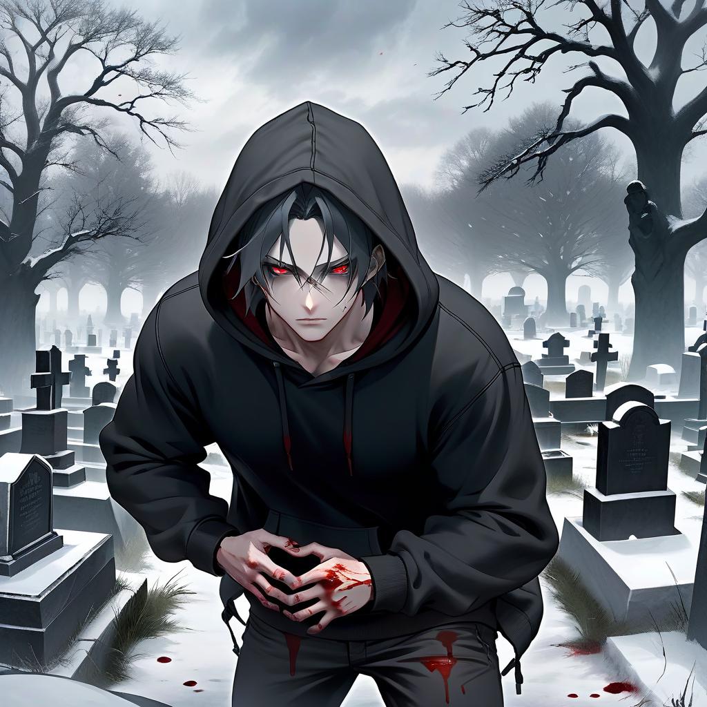  a vampire with blood scarlet eyes, hair white as snow. arrogantly and calmly looks from top to bottom, putting his hands in the pockets of a black hoodie, from which naked legs look out. snowy cemetery in the background and overcast weather.