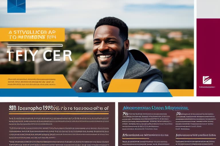  Corporate flyer with 30% of discount on Translation services from Portuguese to English. Include a black man smiling using a laptop, 8k