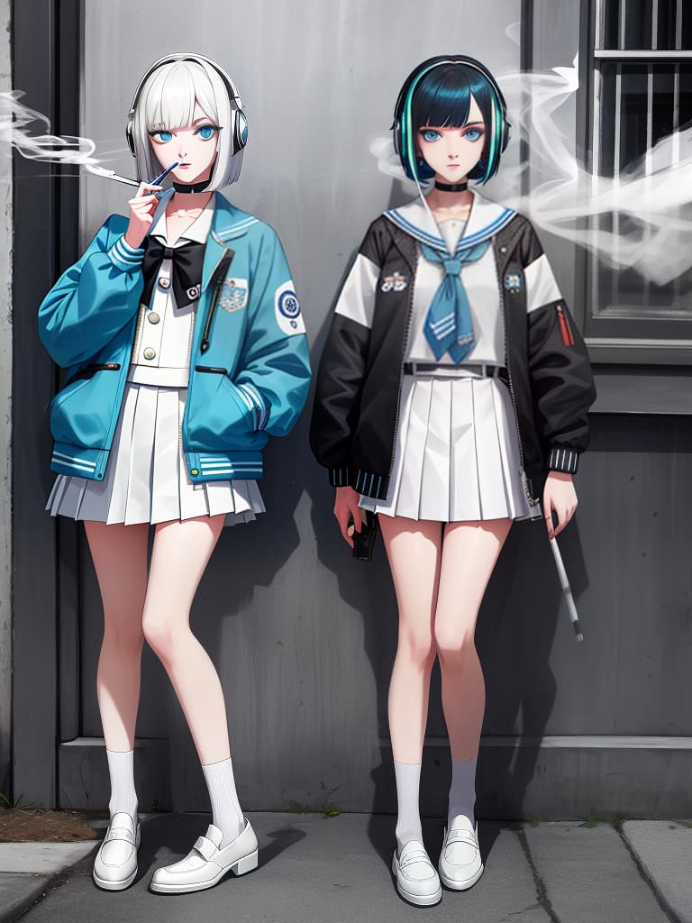  headphones, blue eyes, cigarettes, smoking cigarettes, mine makeup, s with bob hair, s who smoke cigarettes, s wearing headphones, souvenir jacket, souvenir jacket , white sailor suit, white pleated , whole body, wearing black loafers, green jacket, masterpiece, best quality,8k,ultra detailed,high resolution,an extremely delicate and beautiful,hyper detail