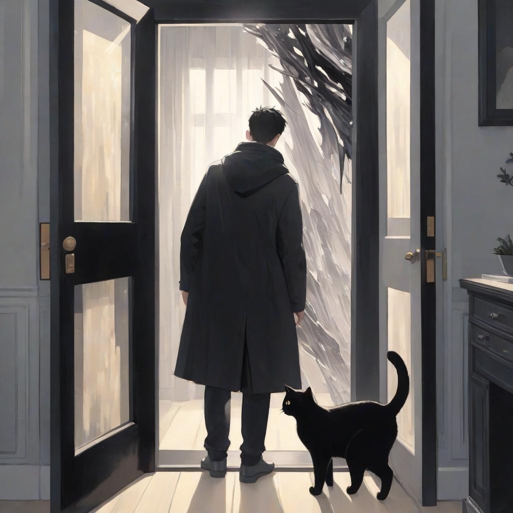  a young man with a cat behind a black selenite through the door to a bright room