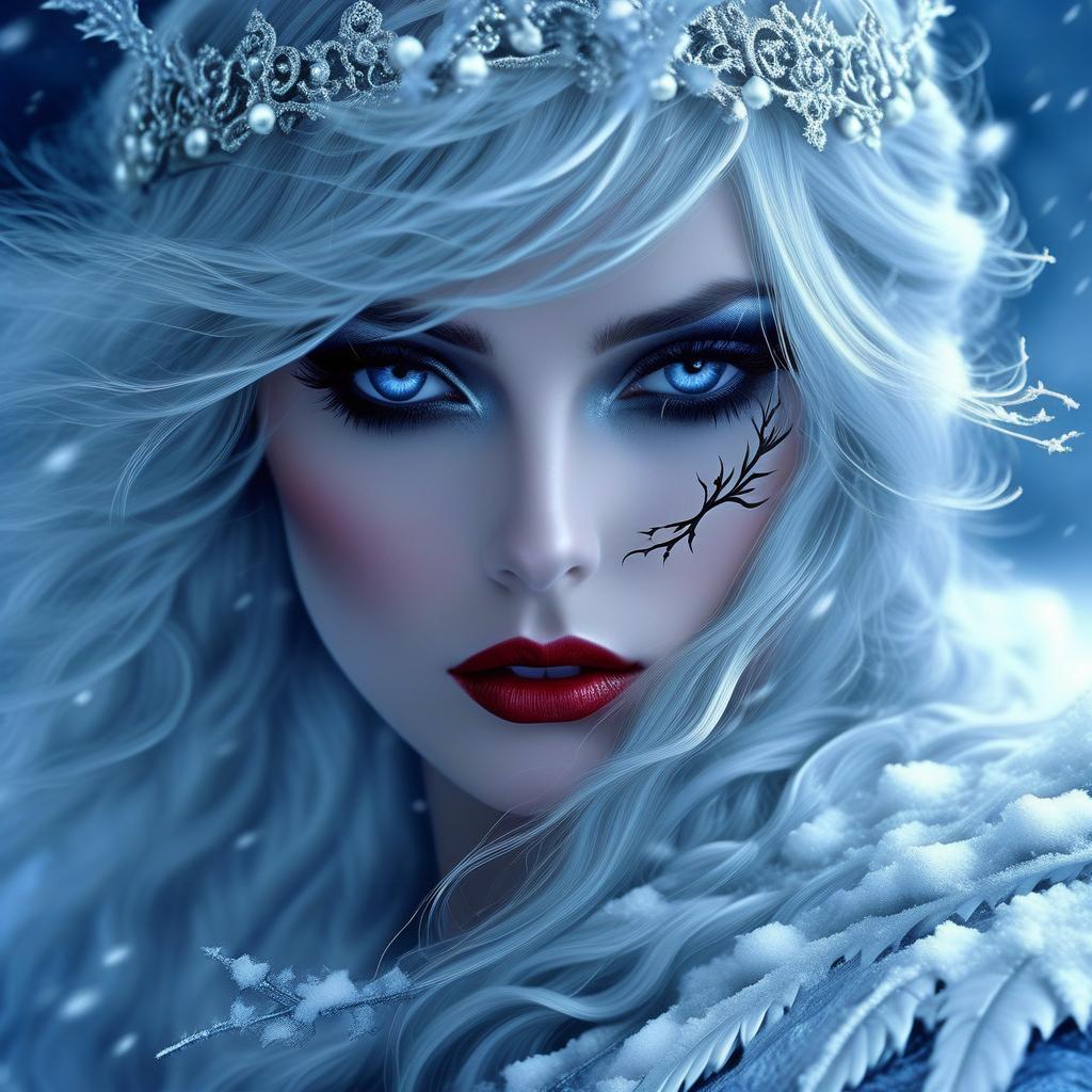  gothic style ((i am the dream of the sword, the parting flame, the food of crows. and you shall dance with me henceforth, the king's youngest son)). (winter sun). incredibly beautiful, ((blue white, as if moulded from snow)) . (her scarlet lips quivered, her coal lashes fluttered) , her fingers reached for (a string of pearl beads) . (style):fantasy, fairy tale, scottish legends, high quality, close up, (icy, wind, blizzard) . dark, mysterious, haunting, dramatic, ornate, detailed