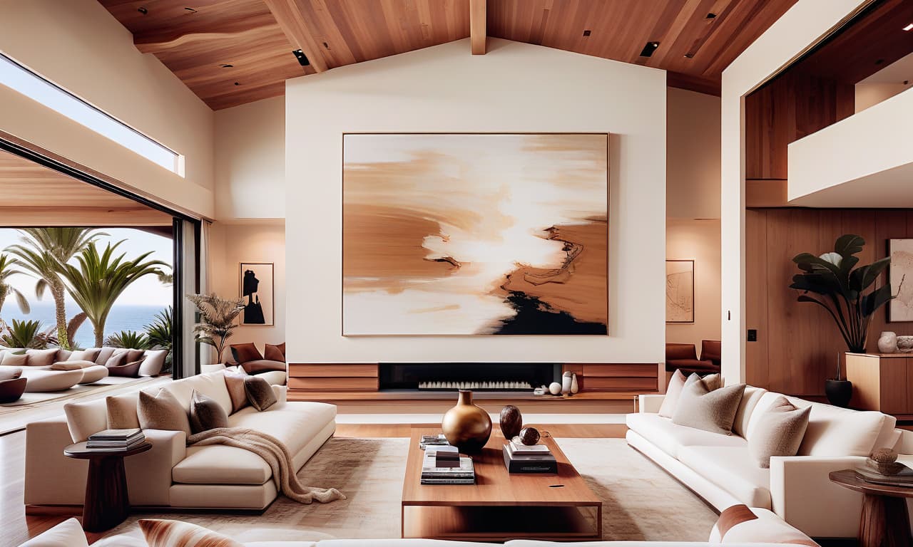  interior, living room, big wall with single piece of art, luxurious, high end, clean, contemporary, japandi, warm wood, laguna beach, interior, high ceilings