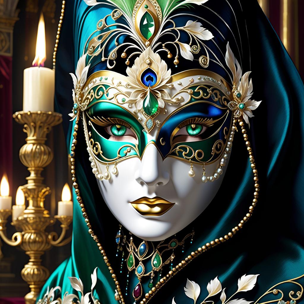  dreamscape (background):black silk cloak, topazes, rubies, emeralds, gold candlestick with white gold flame. ((the eye slits reflect the contours of the palaces and canals of venice1,9)). ((half mask columbine) a mask covering only part of the face. silver mask:with gold patterned ornamentation. colours:light green, blue, pearl cream, peacock feathers, gold and silver beads, gold leaf, gemstones, venetian lace, rhinestones, beads. (style):fantasy, renaissance, dream, mystery, mystery, dream, italy, venice, barcarolle, minestrel. . surreal, ethereal, dreamy, mysterious, fantasy, highly detailed