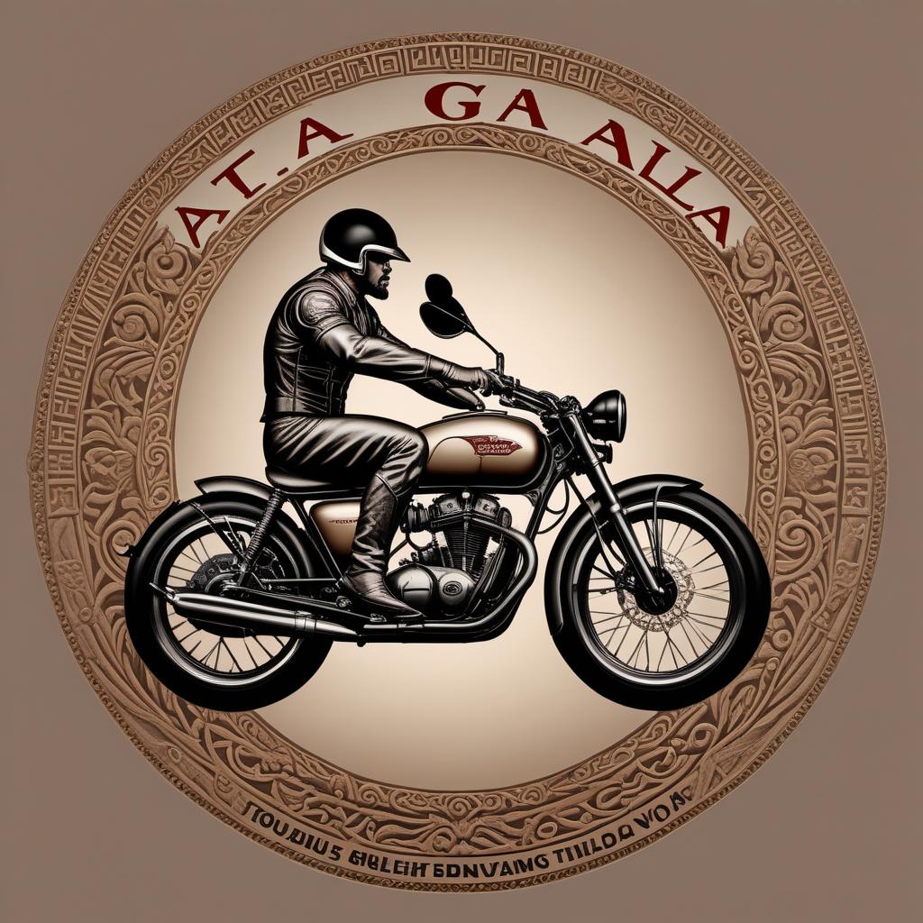  A logo featuring a bike rider with the word 'Tagaloa' on top and 'Old Gods' on the bottom. In the middle of the logo, there should be a Samoan Ava bowl. The design should resemble a traditional logo style. hyperrealistic, full body, detailed clothing, highly detailed, cinematic lighting, stunningly beautiful, intricate, sharp focus, f/1. 8, 85mm, (centered image composition), (professionally color graded), ((bright soft diffused light)), volumetric fog, trending on instagram, trending on tumblr, HDR 4K, 8K