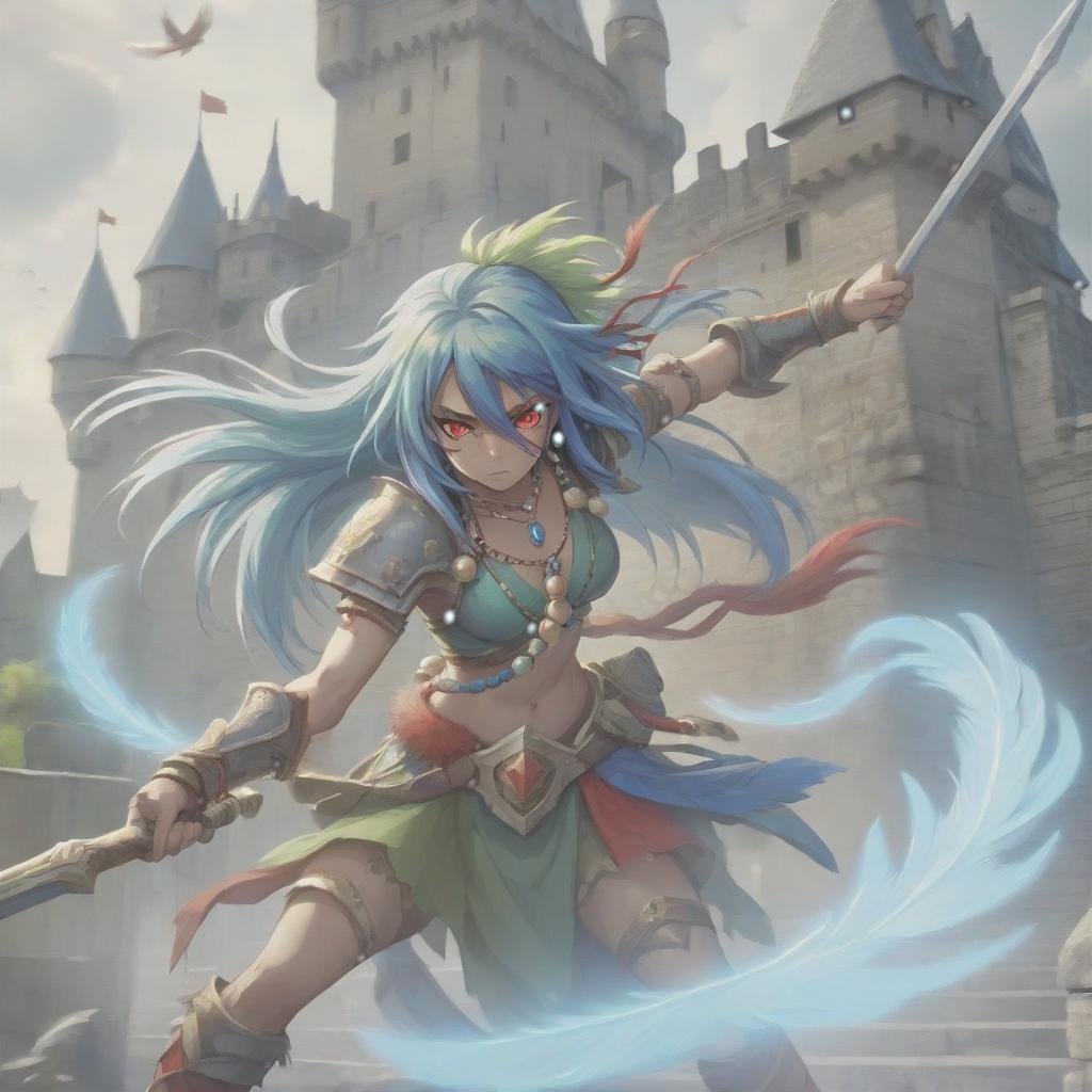  long exposure photo of portrait of strong rage amazonas warrior. red eye. long blue hair. tilting head down, lightgreen mantle, shoulder pad feather, accessory necklace with pearls on the forehead, against the background of the castle siege . blurred motion, streaks of light, surreal, dreamy, ghosting effect, highly detailed, sticker, hkmagic