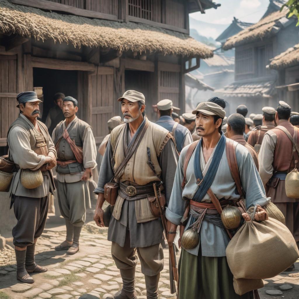  tax collectors with bags of coins and villagers looking upset. some villagers are shown letting soldiers into their homes. , ((anime)) hyperrealistic, full body, detailed clothing, highly detailed, cinematic lighting, stunningly beautiful, intricate, sharp focus, f/1. 8, 85mm, (centered image composition), (professionally color graded), ((bright soft diffused light)), volumetric fog, trending on instagram, trending on tumblr, HDR 4K, 8K