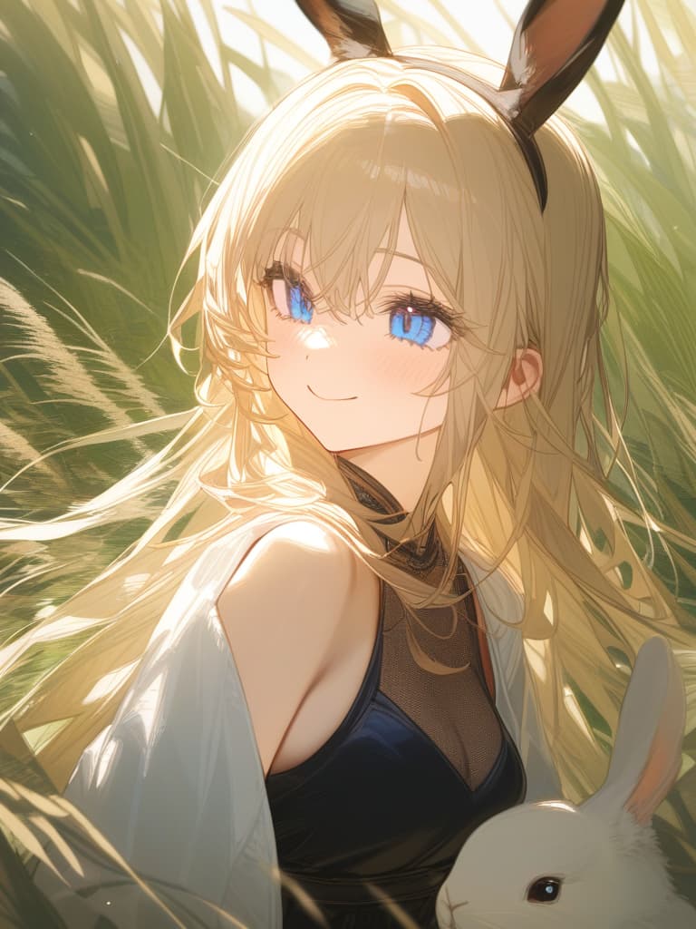  blond, girl, blue eyes, moon watching, pampas grass, smiling, rabbit, rabbit ears, masterpiece, best quality,8k,ultra detailed,high resolution,an extremely delicate and beautiful,hyper detail