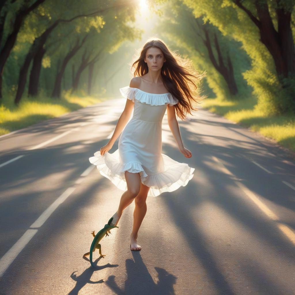  a young , slim, brown long hair, green eyes, a white dress with ruffles to the knee, without shoes, lizards run from the legs of the , an asphalt road among the trees, glare of light, the rays of the sun through the trees, lizards