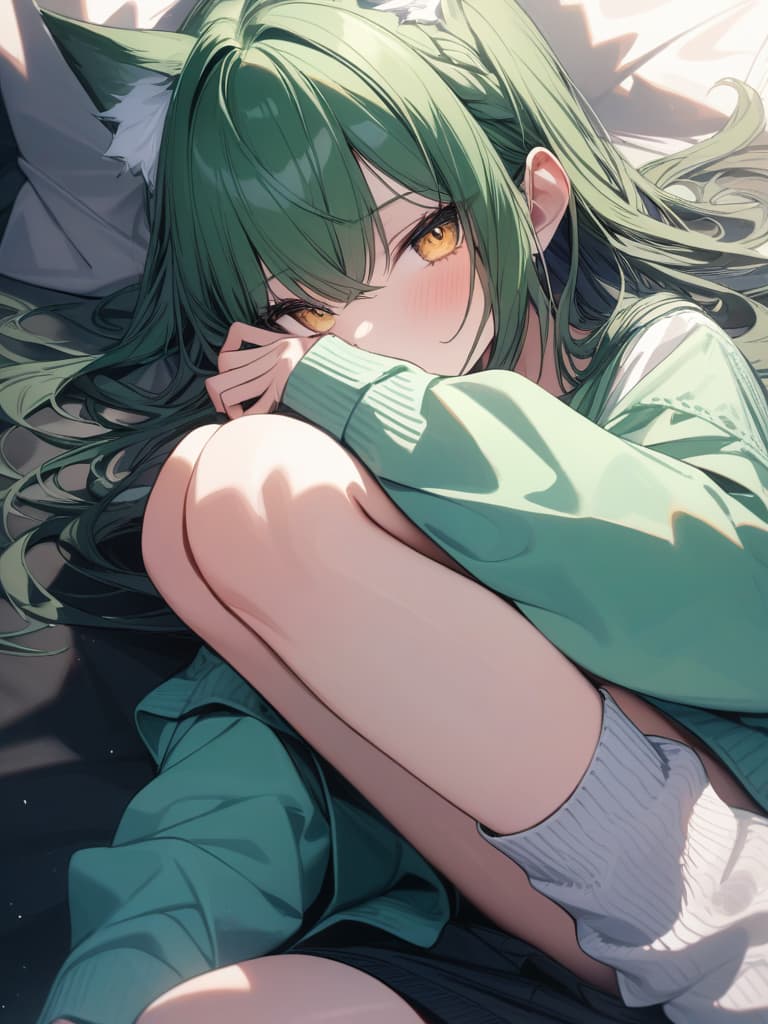  girls, plain clothes, loose socks, wolf ears, medium hair, green cardigan, green hair, yellow eyes, whole body, masterpiece, best quality,8k,ultra detailed,high resolution,an extremely delicate and beautiful,hyper detail