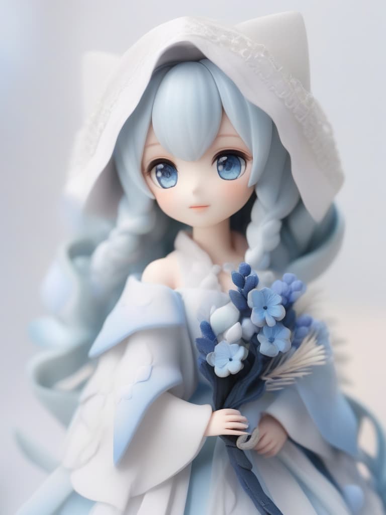  masterpiece,((( nendroid))),((( 3d))),light beige hair color,side braided hairstyle,blue eye color,smiling face,one nemophila in hand,white gothic clothing,high quality,super resolution,16k