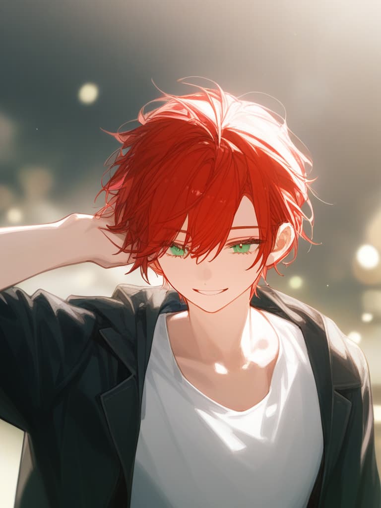  (adam’s apple:1.4),(man’s:1.2),boys,(red hair),(short hair:1.3),emerald green eyes,smile,(messy hair),from front,black jacket,white t shirt,ultra detailed,hair tie,froward hands,