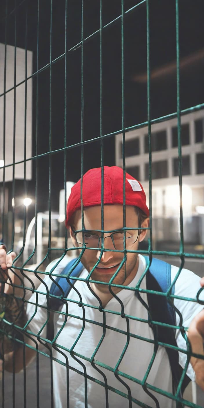  a young man in a red cap and a white t shirt with a brown leather backpack stands behind a mesh fence, hands holding onto the fence net, on the face of a half smile, blue bright eyes, late evening, noir