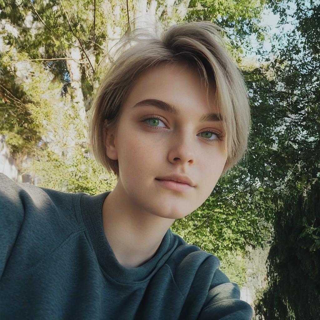  cinematic photo girl with short blonde hair with green eyes in gray sweatshirt everyday . 35mm photograph, film, bokeh, professional, 4k, highly detailed