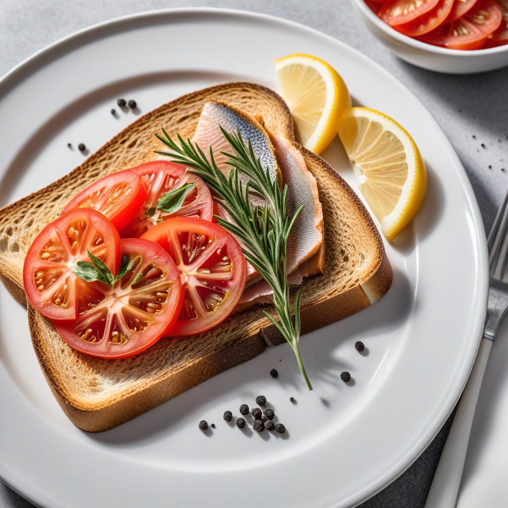  realistic close up portrait meal photo of (((Toast with tomato and smoked fish))), with (smoked fish filet, Pink sliced, Whole wheat bread, Black pepper), ((served in a white plate)), ((with white background)), (((Healthy Eating Plate))), (((Harvard Eating Plate))), ((food photography)), with macro lens, shallow depth of field, highly detailed, natural lighting, natural colors, photorealism, Canon EOS R3, nikon, f/1.4, ISO 200, 1/160s, 8K, RAW, unedited, in-frame hyperrealistic, full body, detailed clothing, highly detailed, cinematic lighting, stunningly beautiful, intricate, sharp focus, f/1. 8, 85mm, (centered image composition), (professionally color graded), ((bright soft diffused light)), volumetric fog, trending on instagram, trending on tumblr, HDR 4K, 8K