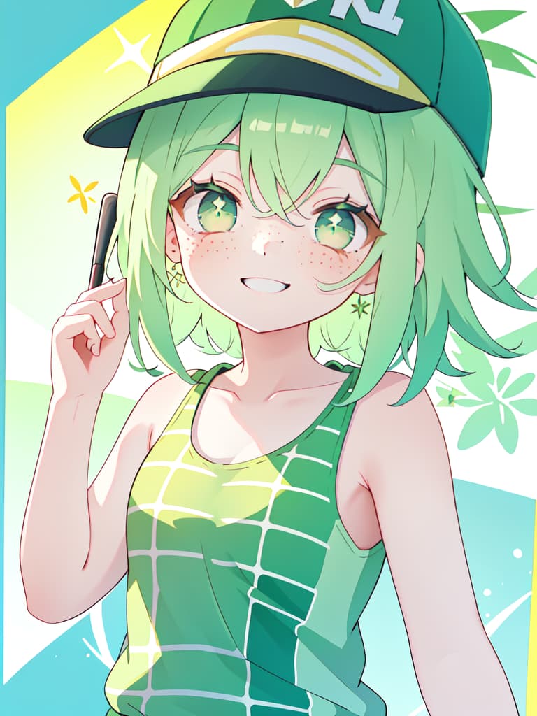  ,baseball cap,green hair,freckles,patterned tank top,striped ,,smile,, masterpiece, best quality,8k,ultra detailed,high resolution,an extremely delicate and beautiful,hyper detail