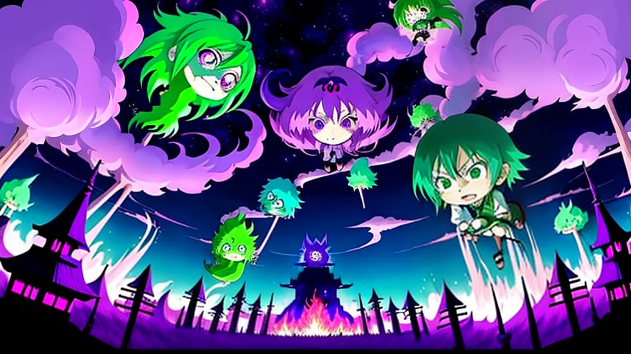  background for twitch in anime style with fire using toxic green and purple colors, manga big eyes expressive faces colorful hair hayao miyazaki masashi kishimoto makoto shinkai clamp yoshiyuki sadamoto