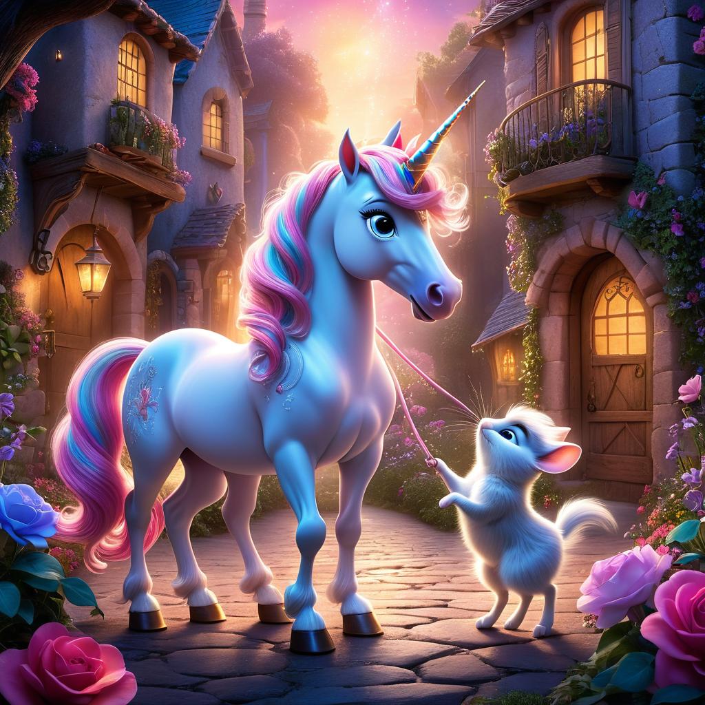  in 3d animated movie style. disney pixar style. fatima, luna the unicorn, whiskers the mouse, captain bubbles, mr. oakey, in an enchanted world filled with twinkling energy and vibrant colors. high resolution pixar 3d animated film style with detailed rendering, soft pastel tones, glowing pinks, purples, and blues with warm, inviting lights. bird's eye view capturing the whimsical scene of fatima shrinking, luna nuzzling her, whiskers leading the way, captain bubbles cheery, and mr. oakey guiding her hand into the mystical world. 16:9 aspect ratio.