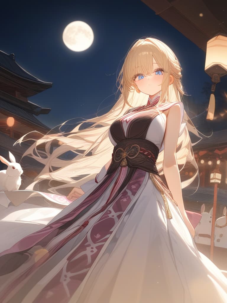  blond, blue eyes, night, big moon, shrine maiden, rabbit, masterpiece, best quality,8k,ultra detailed,high resolution,an extremely delicate and beautiful,hyper detail