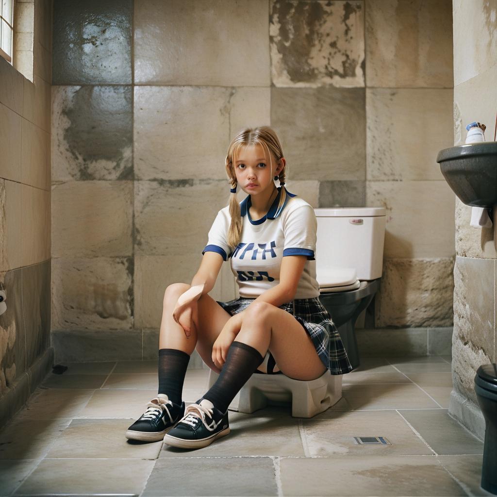  cinematic photo realistic photo, girl, sitting on a square toilet, blond hair, pigtails, shirt, skirt, stockings, sneakers, large room, stone walls, stone floor. . 35mm photograph, film, bokeh, professional, 4k, highly detailed, film photography style