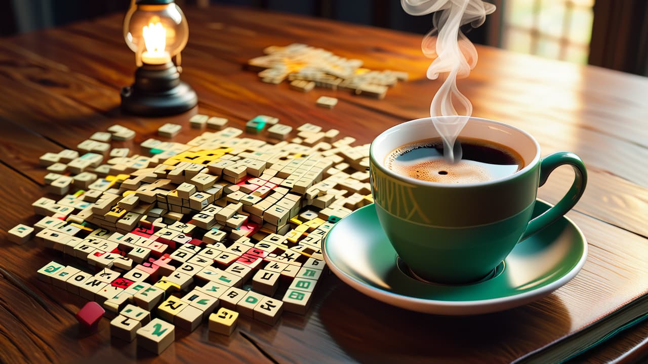  a close up of an intricate crossword puzzle on a wooden table, surrounded by scattered puzzle pieces, a vintage clock, and a steaming cup of coffee, under soft, warm lighting evoking a sense of contemplation and challenge. hyperrealistic, full body, detailed clothing, highly detailed, cinematic lighting, stunningly beautiful, intricate, sharp focus, f/1. 8, 85mm, (centered image composition), (professionally color graded), ((bright soft diffused light)), volumetric fog, trending on instagram, trending on tumblr, HDR 4K, 8K