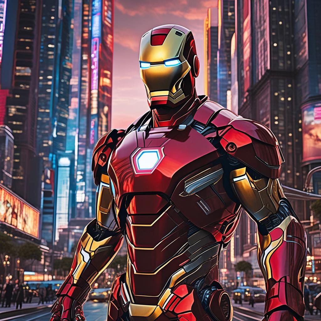  masterpiece, best quality, Best quality, masterpiece, 8k resolution, realistic, highly detailed, close up of Iron Man. In a cyberpunk-style night scene of the city, he stands on a street lined with tall buildings. The city's night lights are bright, The surrounding buildings and streets are filled with cyberpunk elements such as neon lights, high-tech devices, and futuristic architectural designs.