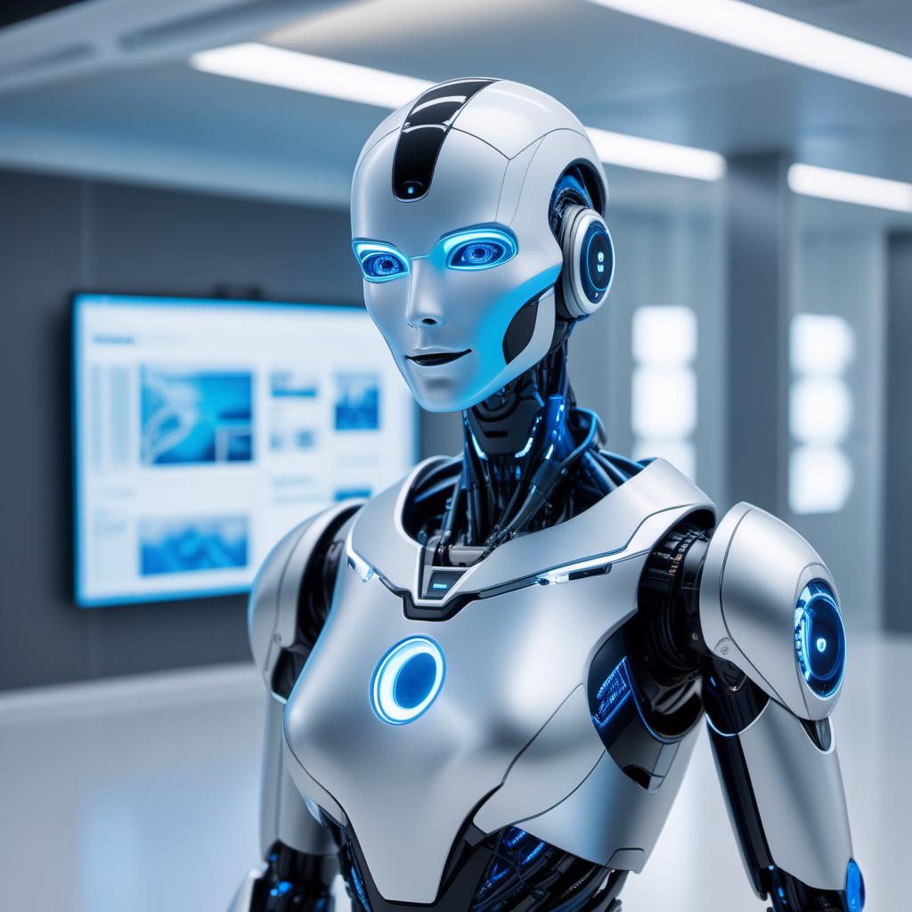  An AI assistant, depicted as a friendly humanoid robot, is enthusiastically inviting a user to upload an image for analysis. The robot has a sleek and modern design, with a bright blue and silver color scheme. It is standing in a high-tech environment, surrounded by screens displaying images and data. The robot has expressive eyes and a warm smile, conveying a sense of friendliness and eagerness to help. The background features a futuristic room with soft ambient lighting, enhancing the welcoming atmosphere. hyperrealistic, full body, detailed clothing, highly detailed, cinematic lighting, stunningly beautiful, intricate, sharp focus, f/1. 8, 85mm, (centered image composition), (professionally color graded), ((bright soft diffused light)), volumetric fog, trending on instagram, trending on tumblr, HDR 4K, 8K