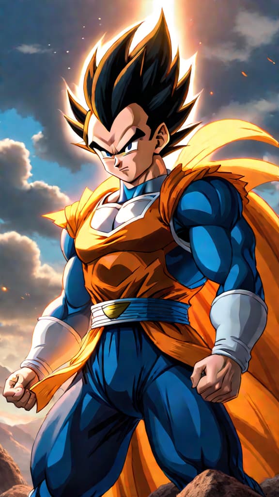  anime art: vegeta from dragon ball unlocking a new super saiyan form, surpassing goku, embodying the legend of the super saiyan god. hyperrealistic, full body, detailed clothing, highly detailed, cinematic lighting, stunningly beautiful, intricate, sharp focus, f/1. 8, 85mm, (centered image composition), (professionally color graded), ((bright soft diffused light)), volumetric fog, trending on instagram, trending on tumblr, HDR 4K, 8K