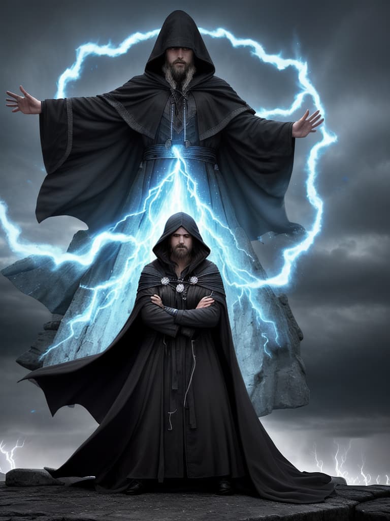  Pagan warlock, facing viewer, wearing a hooded cloak, his face hardened, eyes cold, a scar runs down the left side of his face; standing at an alter, conjuring a fire elemental from within Stonehenge during a thunder and lightning storm