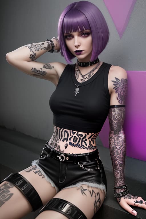  girl with purple hair, cascading bob haircut. black and pink top, tattoos on arms. bracelets, black shorts, black boots, metal rocker chick. agent