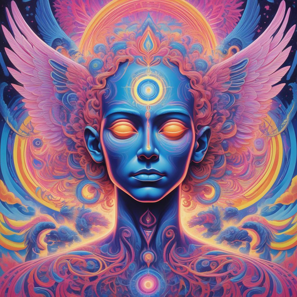  a vibrant, psychedelic artwork depicts a serene human face with a third eye on the forehead. the face is surrounded by intricate, swirling patterns in neon colors of blue, pink, orange, and yellow. angelic figures with wings, ethereal beings, and abstract shapes flow around the head, creating a dynamic and otherworldly atmosphere. the overall imagery suggests a transcendental or spiritual experience.