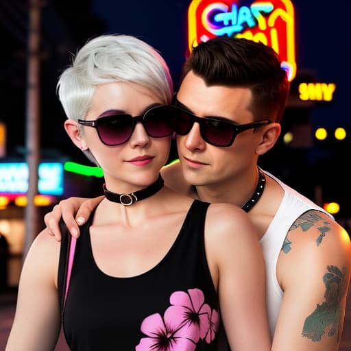  a woman with short white hair. pixie haircut. wearing sunglasses, a tank top, with a choker around his neck. hugging a man in a hawaiian shirt and pixel glasses. the street of the city. evening. neon sunset. neon sign "cherry joe". digital photo. high detail. high realism.