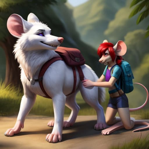  3 characters, Feral wolf, white and silver fur, purple eyes, knotted , highest detail, small anthro mouse, white fur, size difference, smallest body, white mouse, red hair, purple eyes, all fours, anal penetration, , backpack, mouse father watching humanoid in hand, open eyes, digital art, masterpiece, 4k, fine details,