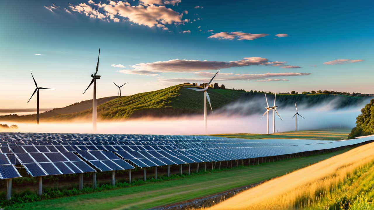  a vibrant landscape featuring solar panels glistening in the sun, wind turbines gracefully spinning on a hilltop, and a serene river with hydroelectric dams, all under a clear blue sky with fluffy clouds. hyperrealistic, full body, detailed clothing, highly detailed, cinematic lighting, stunningly beautiful, intricate, sharp focus, f/1. 8, 85mm, (centered image composition), (professionally color graded), ((bright soft diffused light)), volumetric fog, trending on instagram, trending on tumblr, HDR 4K, 8K