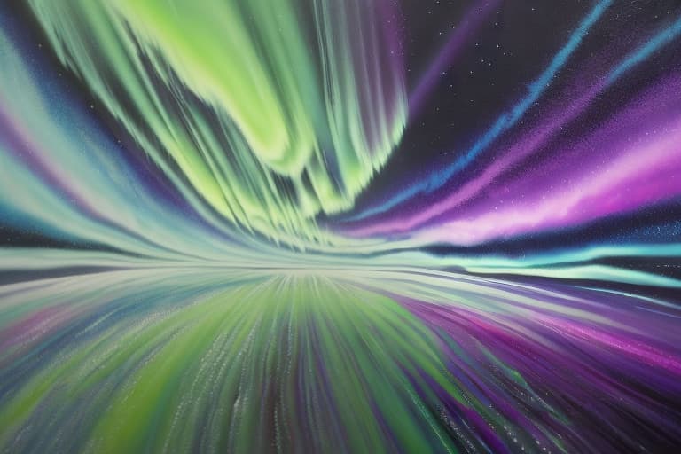  Aurora's Odyssey" Concept: Create a breathtaking, large-scale canvas that captures the ethereal beauty of the aurora borealis. Combine resin art, acrylic paint, and airbrushing techniques to transport viewers into the heart of the northern lights. Description: "Aurora's Odyssey" is a 6-foot tall, 4-foot wide canvas that showcases a mesmerizing, swirling vortex of colors, evoking the aurora's dance across the night sky. The piece is divided into three main sections: 1. *Resin Base*: A gleaming, black resin foundation, mixed with iridescent pigments, provides an cosmic backdrop. 2. *Acrylic Paint*: Vibrant, swirling clouds of acrylic paint in shades of green, blue, and purple are applied using a combination of brushstrokes and palette kn